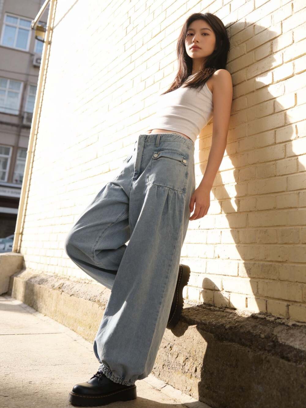 Cider High-Waisted Pleated Parachute Denim Pants with Cinch Hems XL